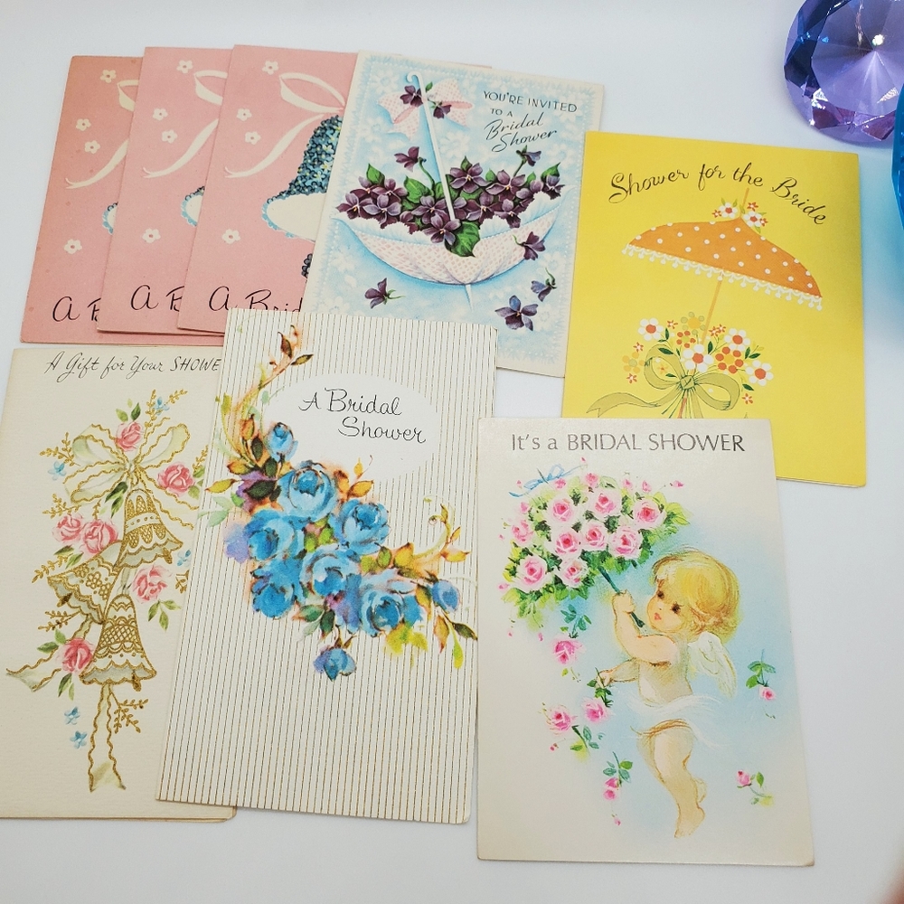 VINTAGE 8 pc Bridal Shower invites gift UNUSED original graphics 50s 60s vibe